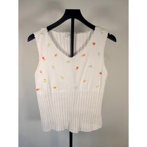 Liz Claiborne Lizwear Jeans White Floral Embroidered Knit Sweater Vest V-Neck